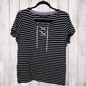 Tommy Hilfiger Navy Blue and White Striped Top Large